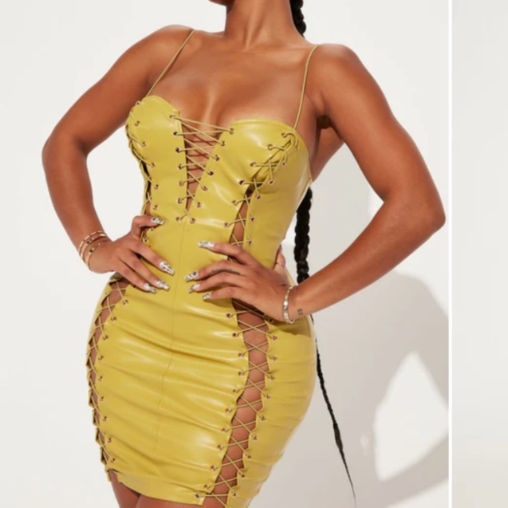 Lace-Up Faux Leather Olive Dress